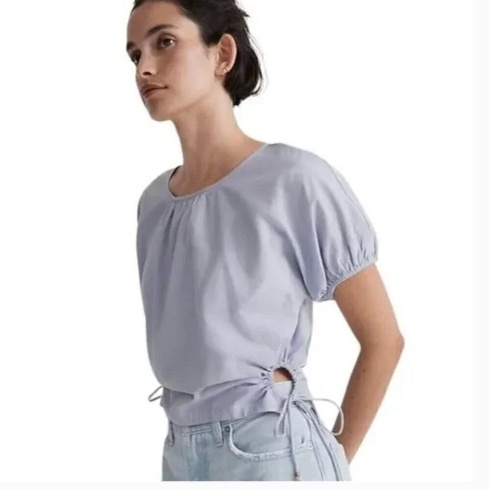 Madewell Embroidered Poplin Puff-Sleeve Cutout Crop Top Distant Peri XL NWT